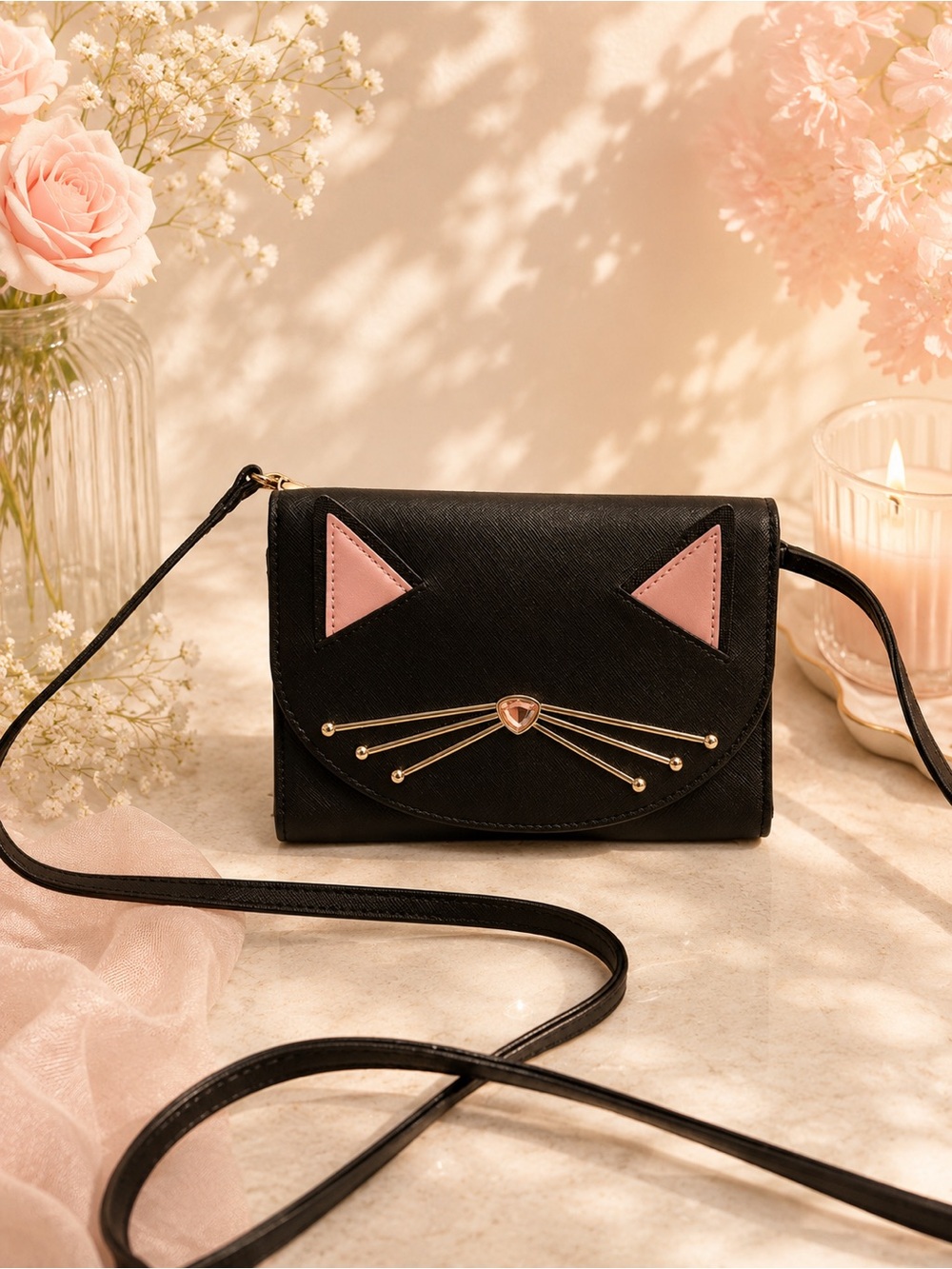 KATE SPADE Winni Jazz Things Up Black Cat Kitty Crossbody Wallet Bag Gold Chain - Picture 1 of 12